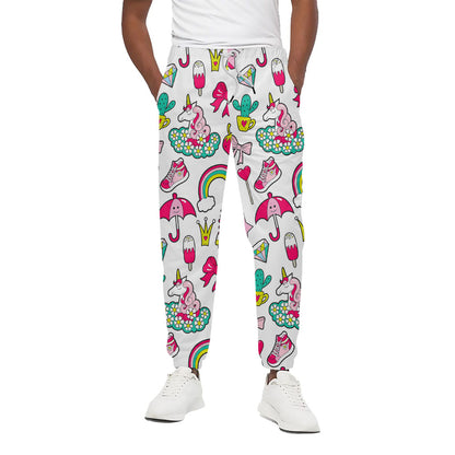 White Girly Unicorn Pattern Print Cotton Pants