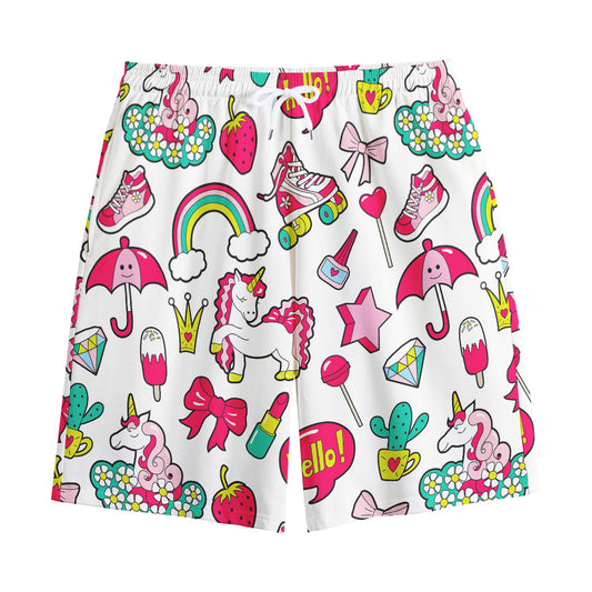 White Girly Unicorn Pattern Print Cotton Shorts