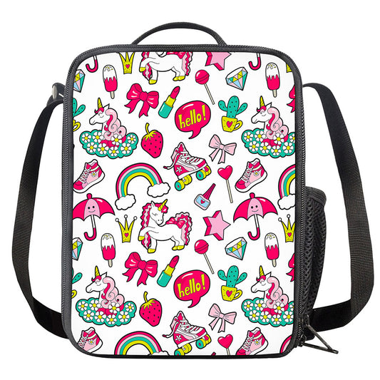 White Girly Unicorn Pattern Print Crossbody Lunch Bag