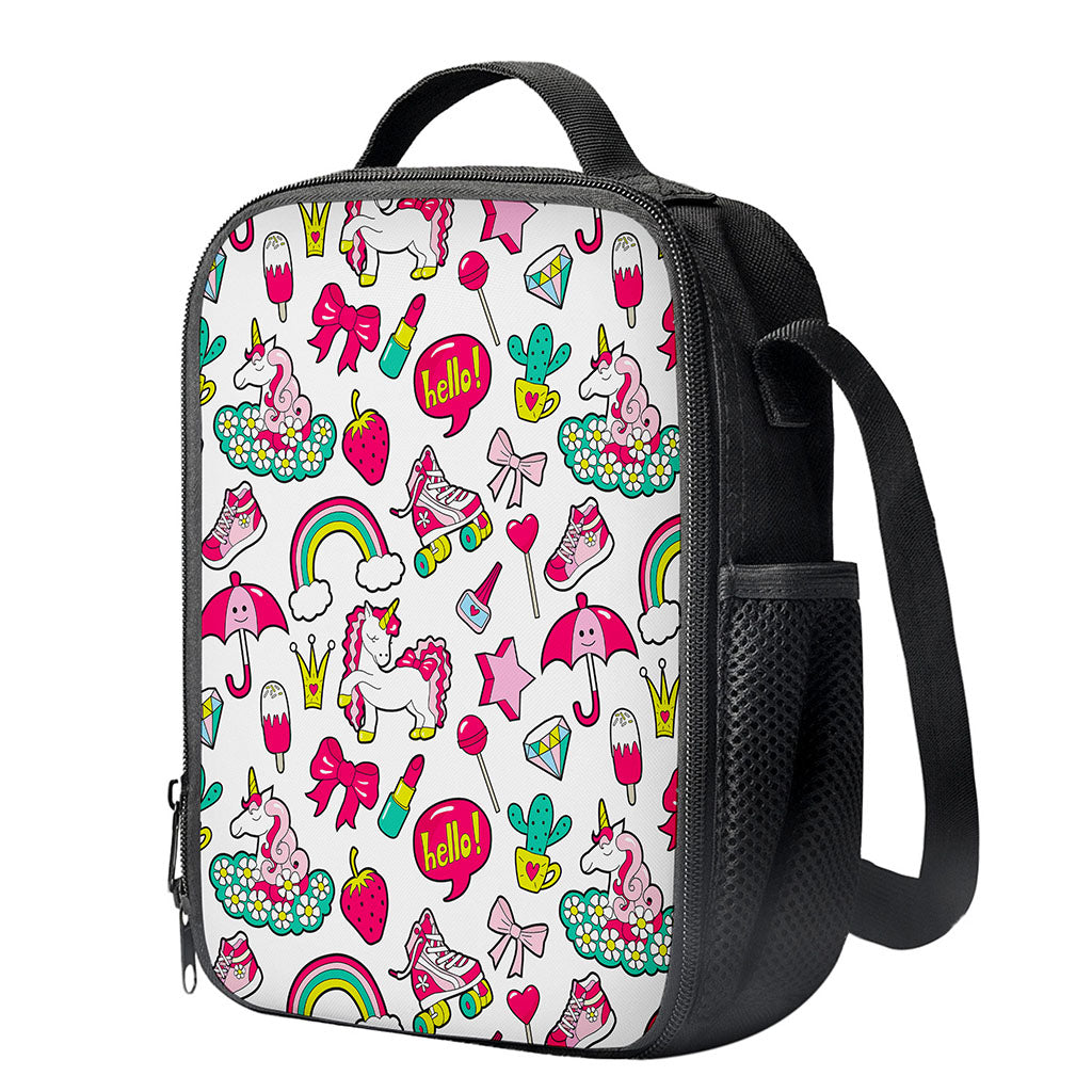 White Girly Unicorn Pattern Print Crossbody Lunch Bag