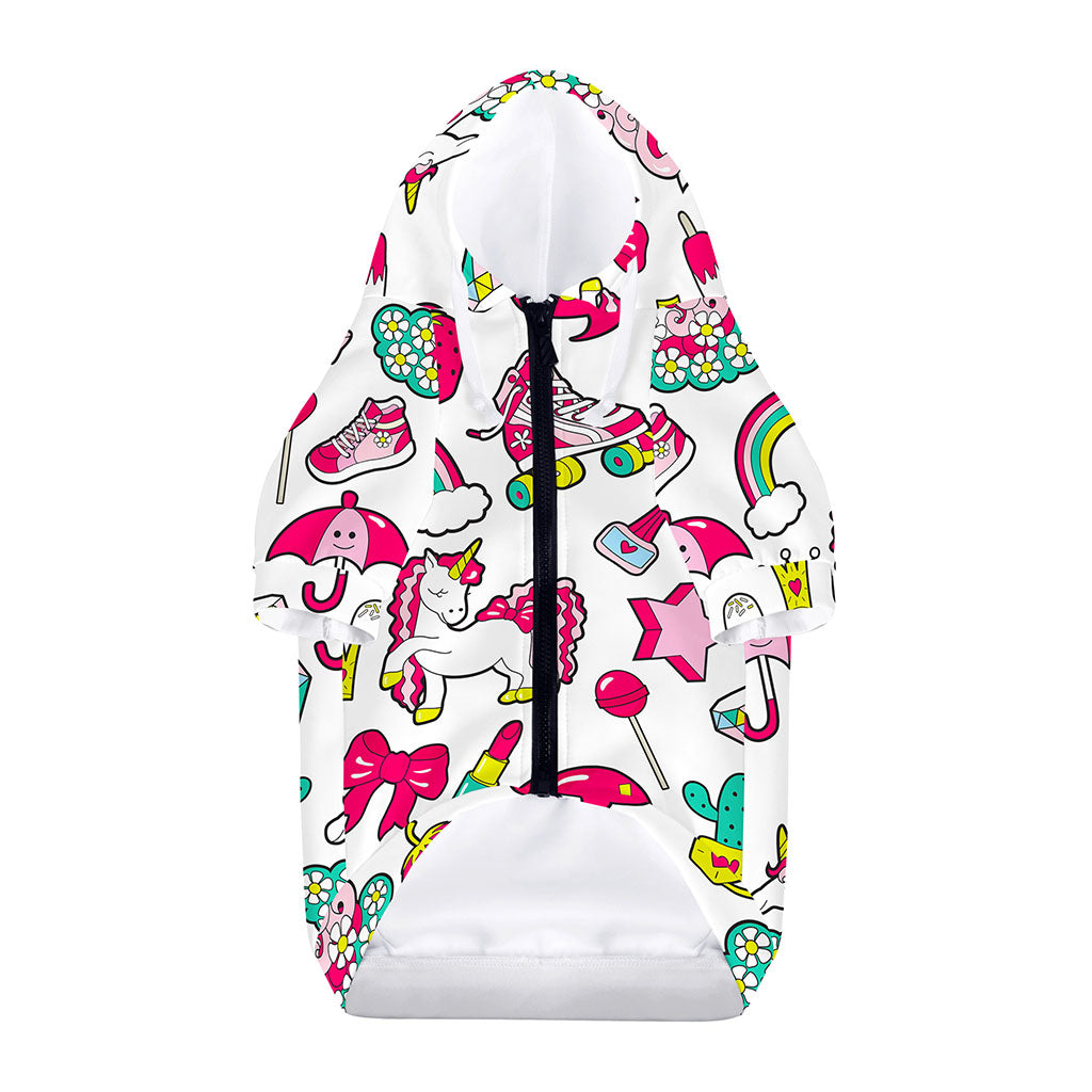 White Girly Unicorn Pattern Print Dog Zip Up Hoodie