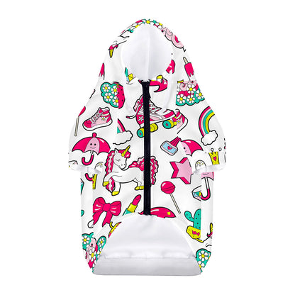 White Girly Unicorn Pattern Print Dog Zip Up Hoodie