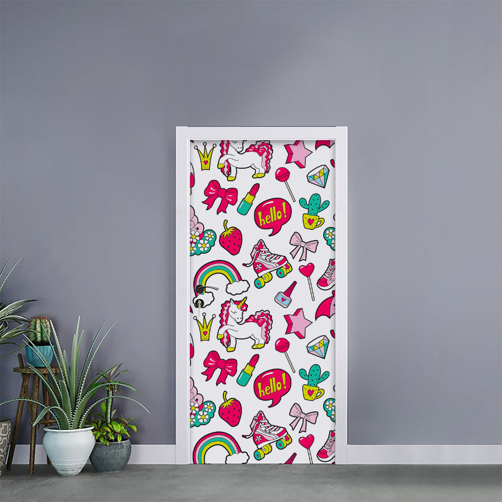 White Girly Unicorn Pattern Print Door Sticker