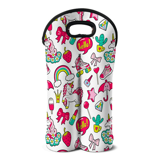 White Girly Unicorn Pattern Print Double Neoprene Wine Tote