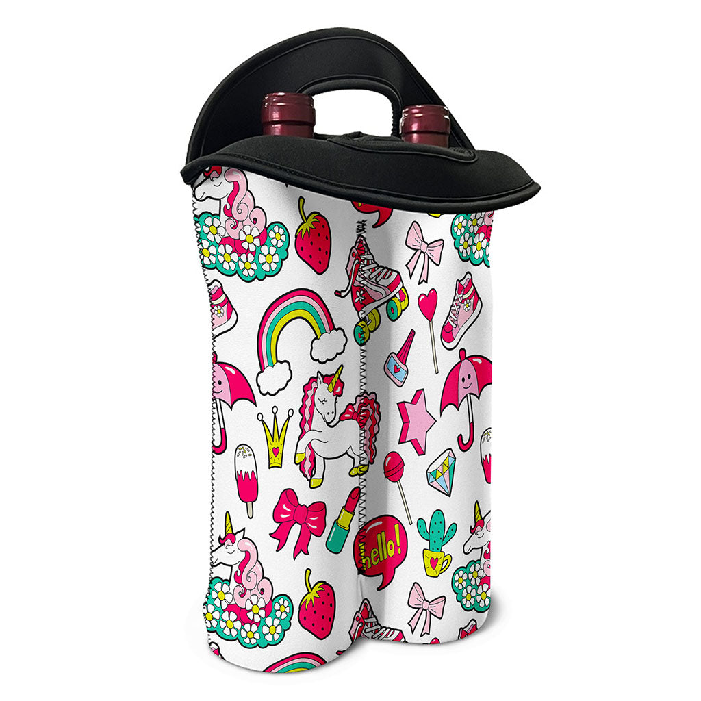 White Girly Unicorn Pattern Print Double Neoprene Wine Tote