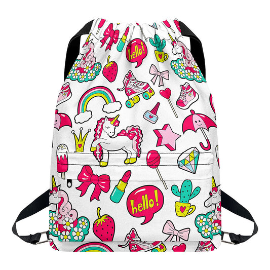 White Girly Unicorn Pattern Print Drawstring Backpack