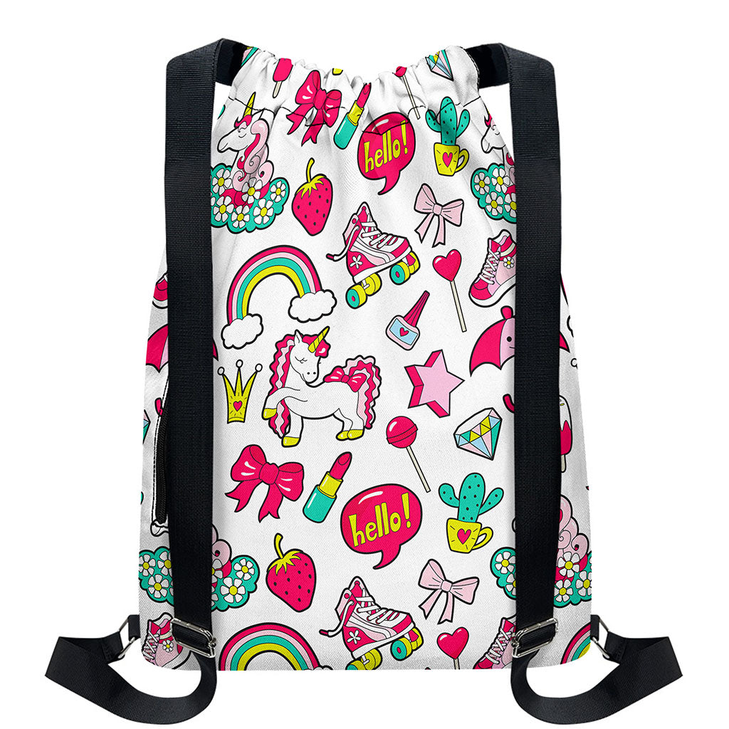 White Girly Unicorn Pattern Print Drawstring Backpack