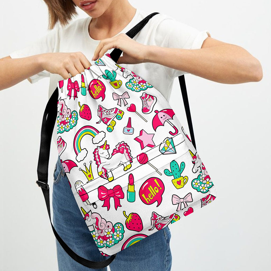 White Girly Unicorn Pattern Print Drawstring Backpack