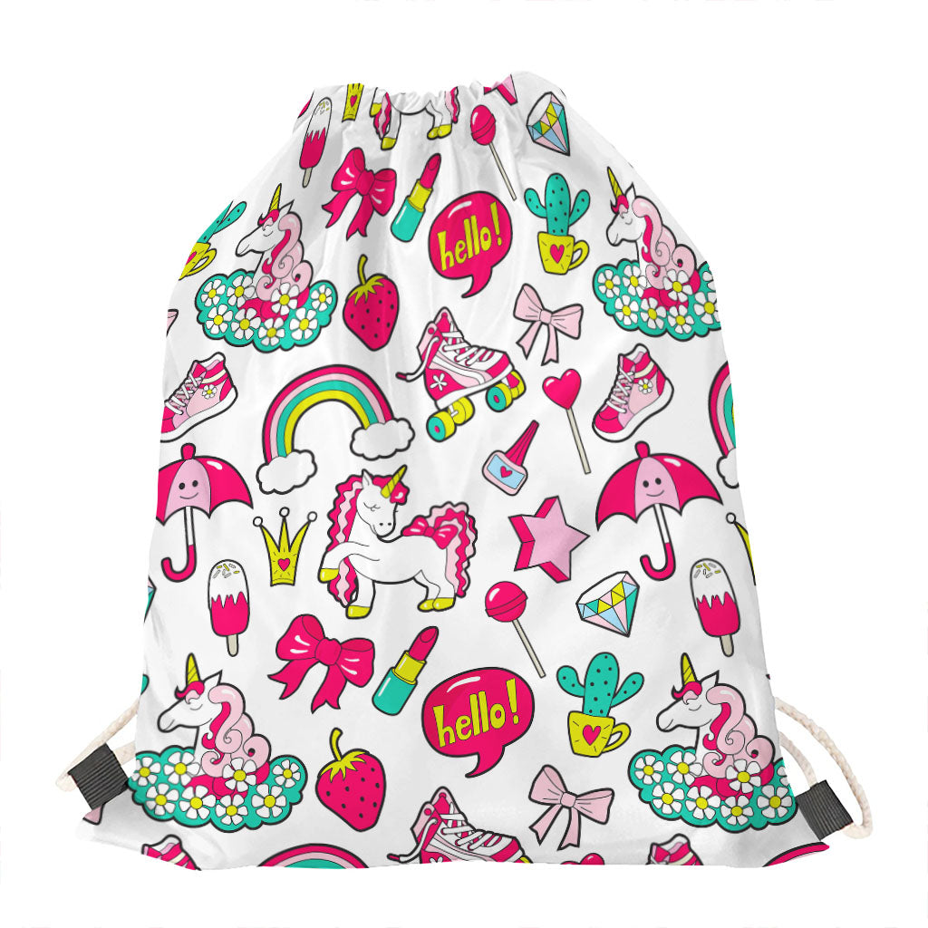 White Girly Unicorn Pattern Print Drawstring Bag