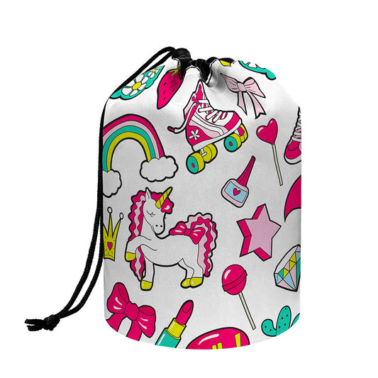 White Girly Unicorn Pattern Print Drawstring Makeup Bag