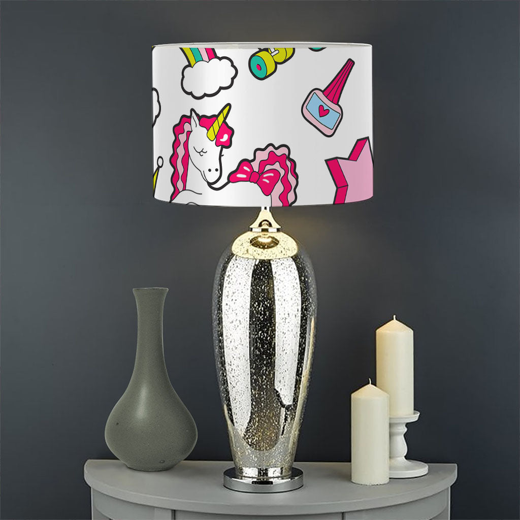 White Girly Unicorn Pattern Print Drum Lamp Shade