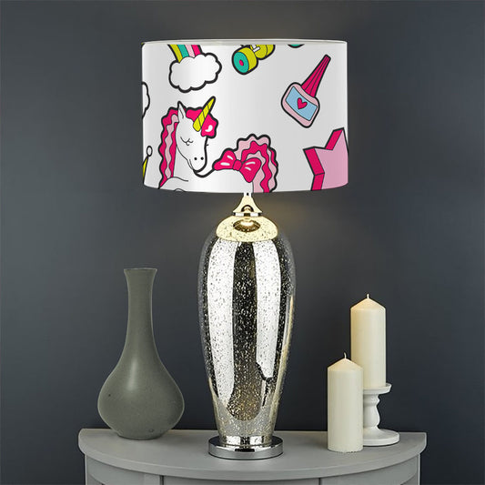 White Girly Unicorn Pattern Print Drum Lamp Shade