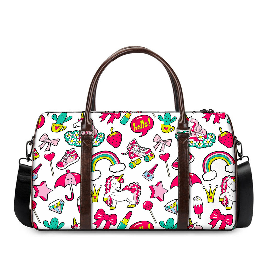 White Girly Unicorn Pattern Print Duffle Bag