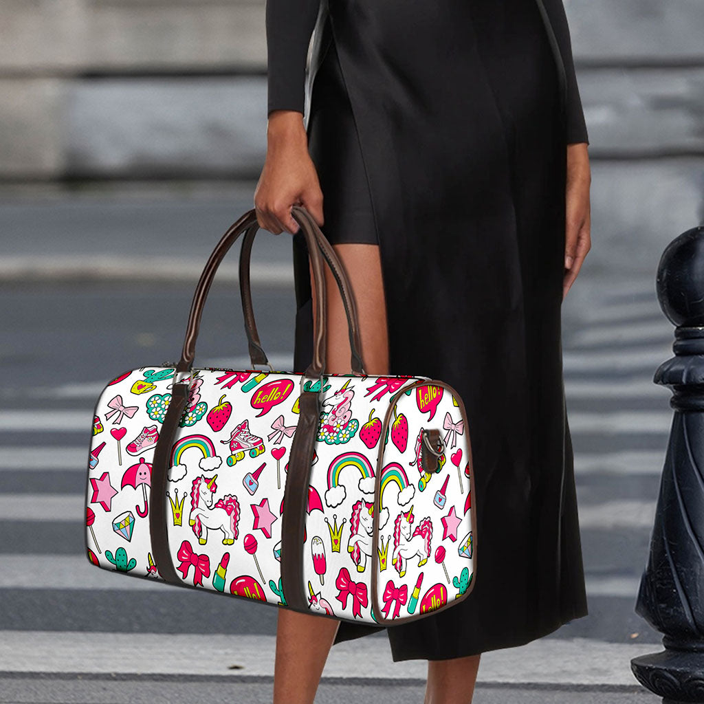 White Girly Unicorn Pattern Print Duffle Bag