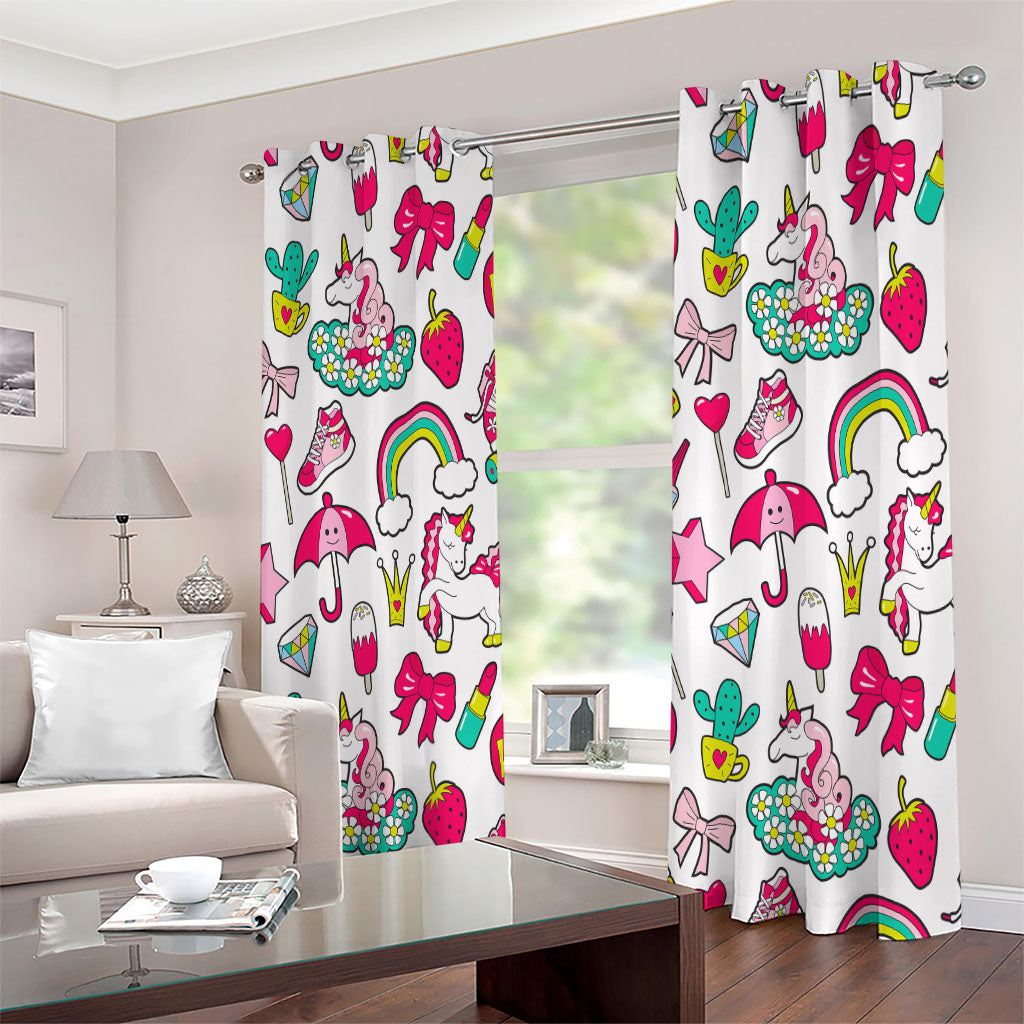 White Girly Unicorn Pattern Print Extra Wide Grommet Curtains