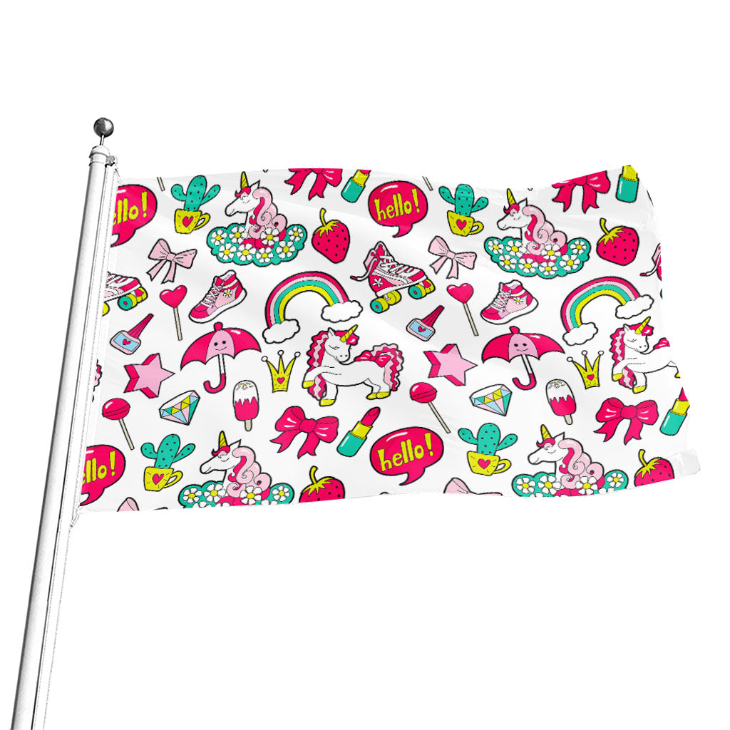 White Girly Unicorn Pattern Print Flag