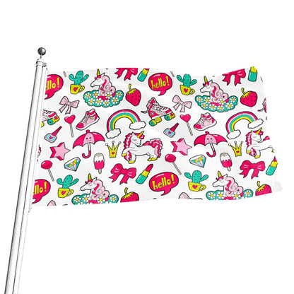 White Girly Unicorn Pattern Print Flag