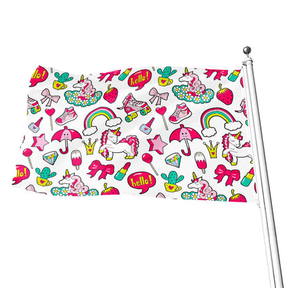 White Girly Unicorn Pattern Print Flag