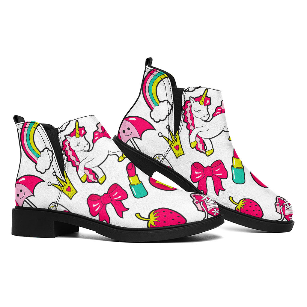 White Girly Unicorn Pattern Print Flat Ankle Boots