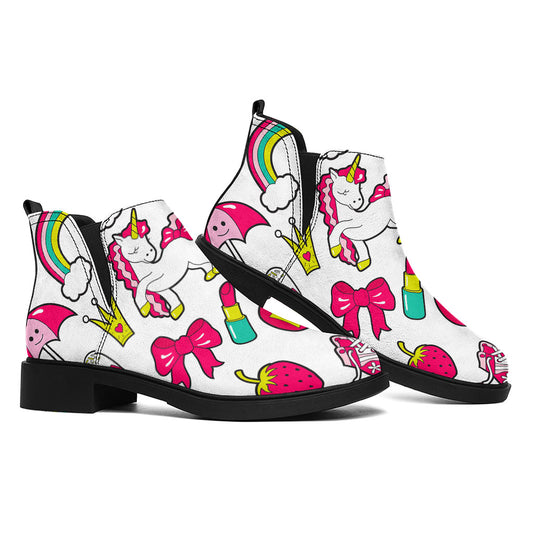White Girly Unicorn Pattern Print Flat Ankle Boots