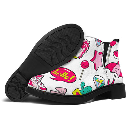 White Girly Unicorn Pattern Print Flat Ankle Boots