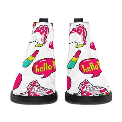White Girly Unicorn Pattern Print Flat Ankle Boots