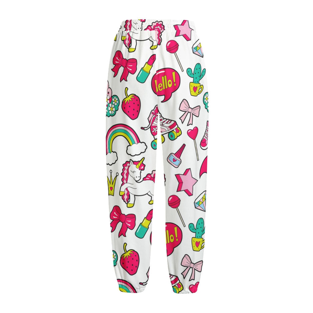 White Girly Unicorn Pattern Print Fleece Lined Knit Pants