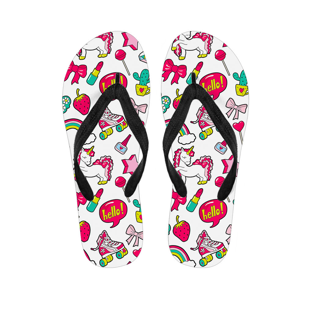 White Girly Unicorn Pattern Print Flip Flops