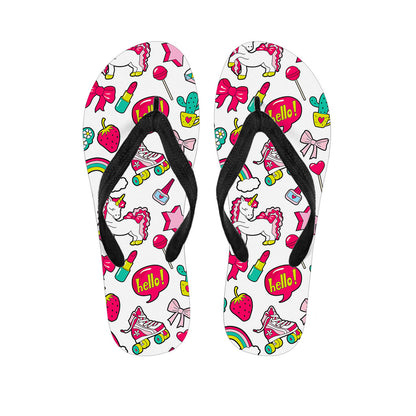 White Girly Unicorn Pattern Print Flip Flops