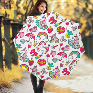 White Girly Unicorn Pattern Print Foldable Umbrella