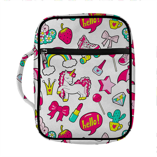 White Girly Unicorn Pattern Print Front Pocket Bible Bag