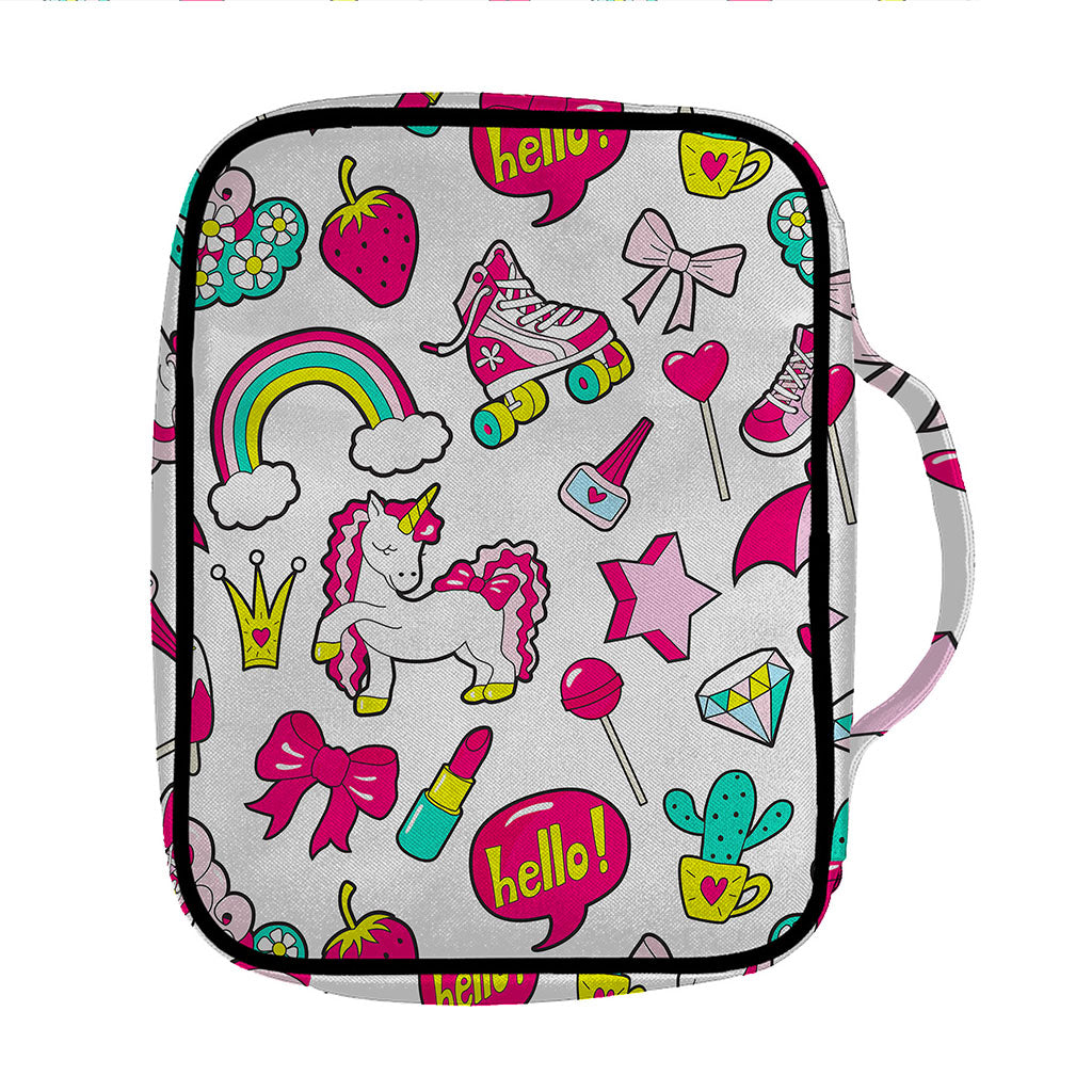 White Girly Unicorn Pattern Print Front Pocket Bible Bag