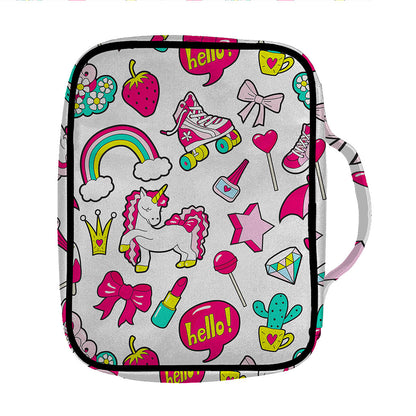 White Girly Unicorn Pattern Print Front Pocket Bible Bag