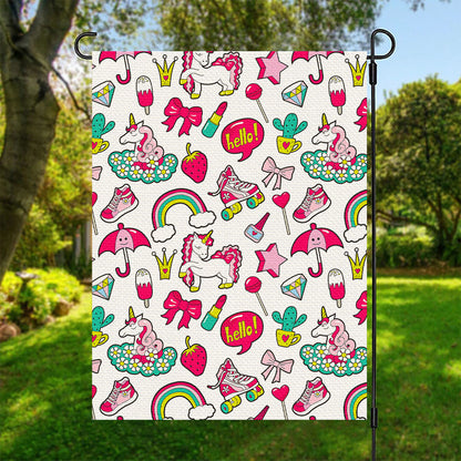 White Girly Unicorn Pattern Print Garden Flag