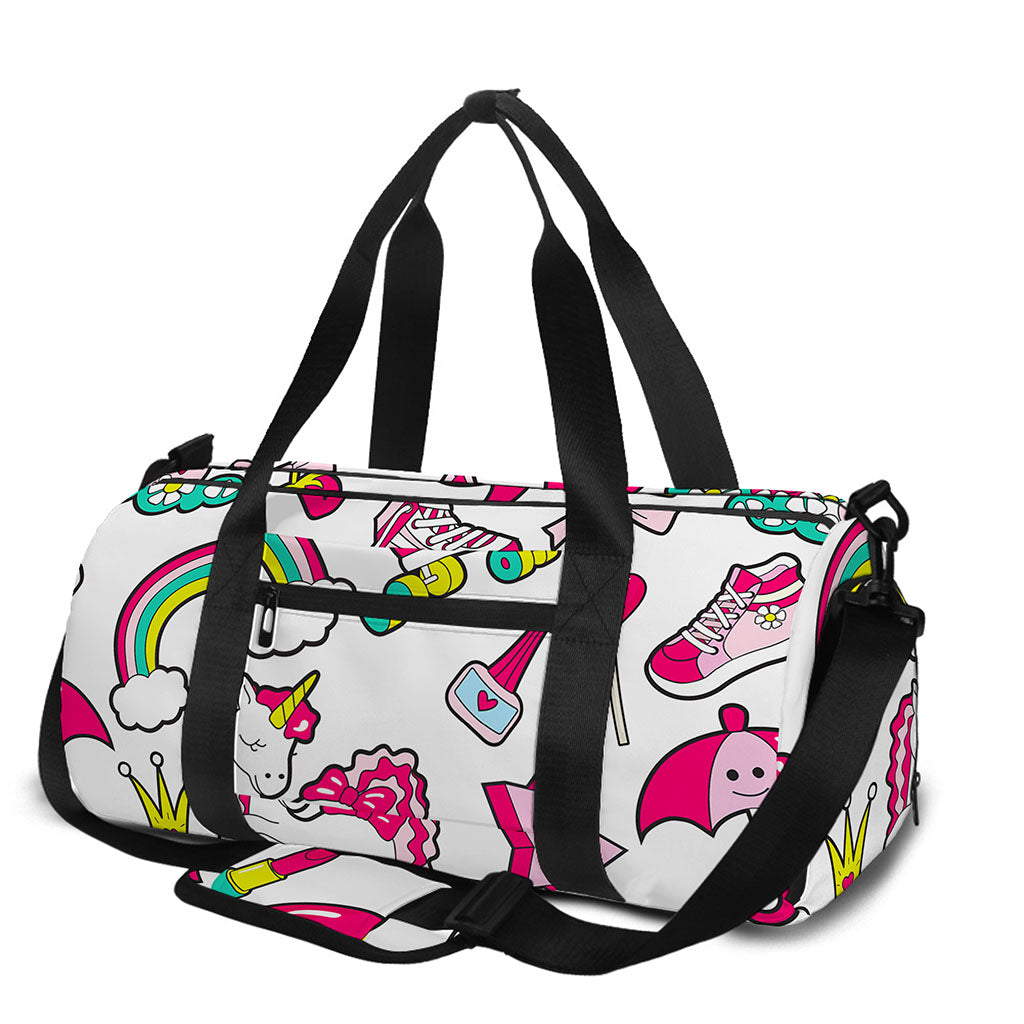 White Girly Unicorn Pattern Print Gym Bag