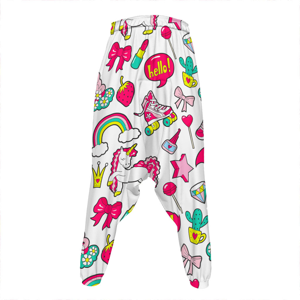 White Girly Unicorn Pattern Print Hammer Pants