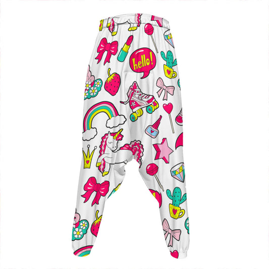 White Girly Unicorn Pattern Print Hammer Pants