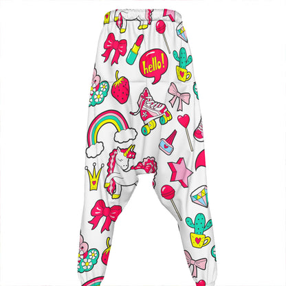 White Girly Unicorn Pattern Print Hammer Pants