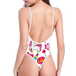 White Girly Unicorn Pattern Print High Cut One Piece Swimsuit