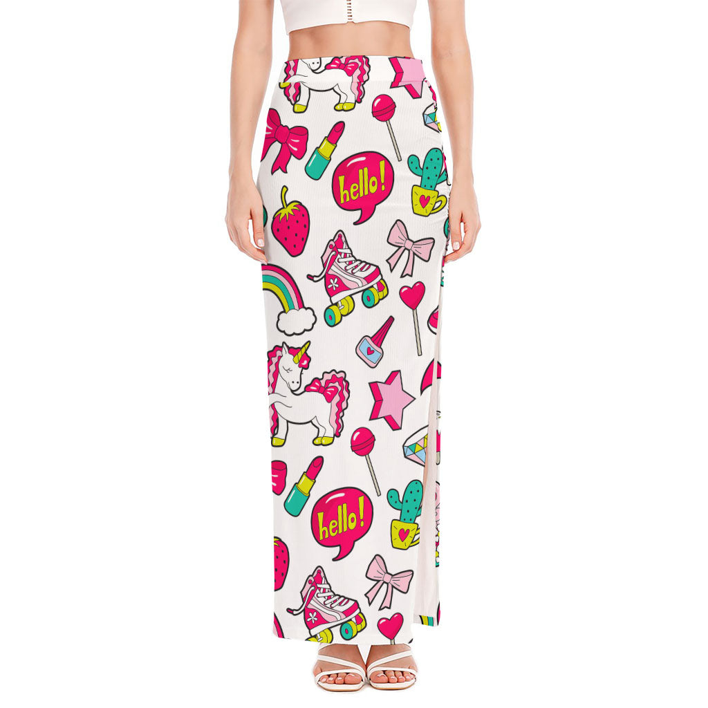 White Girly Unicorn Pattern Print High Slit Maxi Skirt