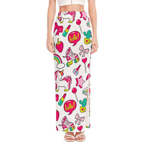 White Girly Unicorn Pattern Print High Slit Maxi Skirt