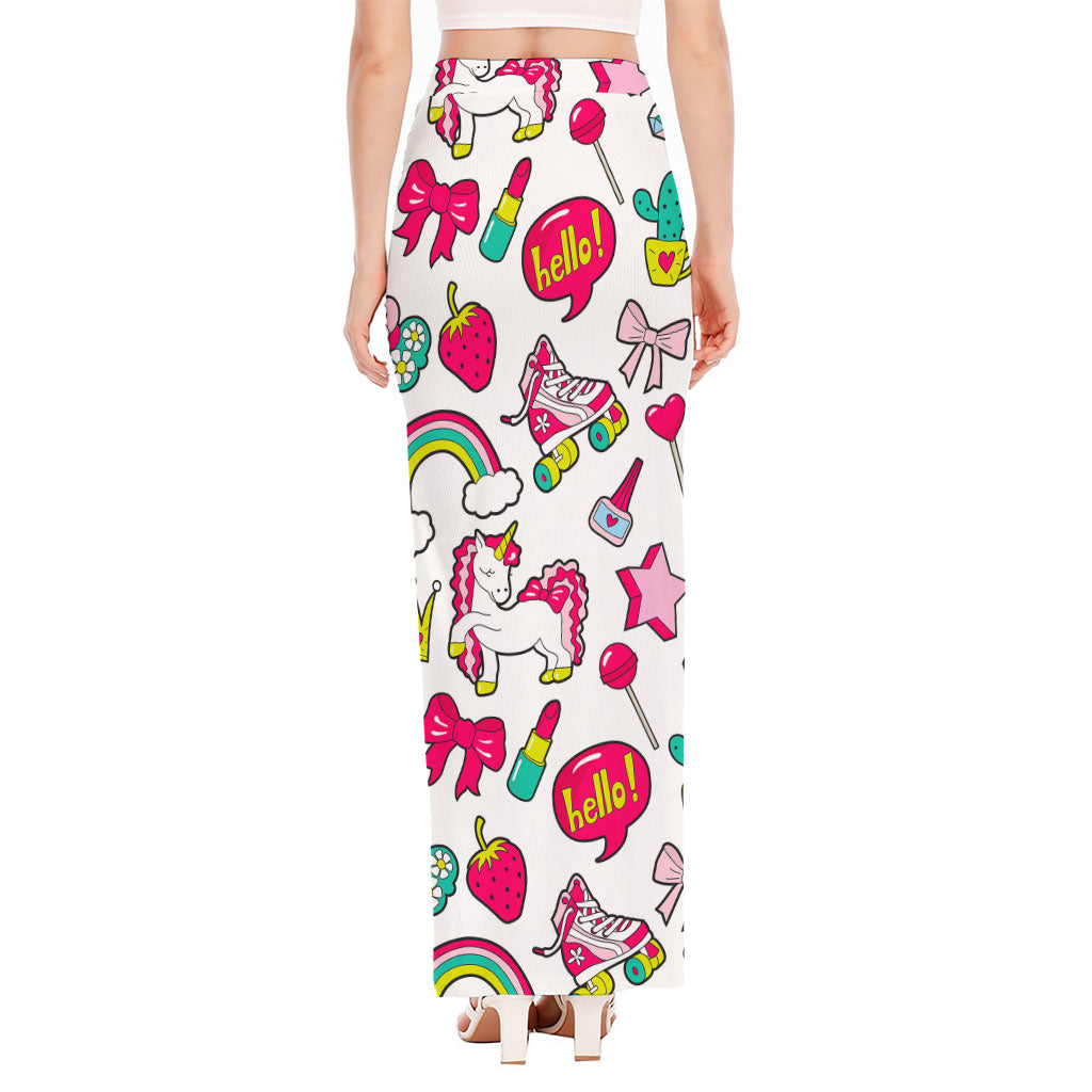 White Girly Unicorn Pattern Print High Slit Maxi Skirt