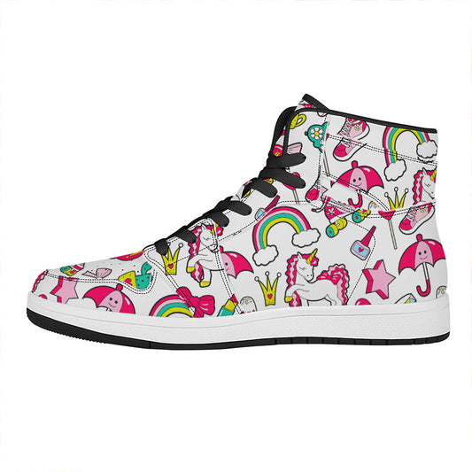 White Girly Unicorn Pattern Print High Top Leather Sneakers