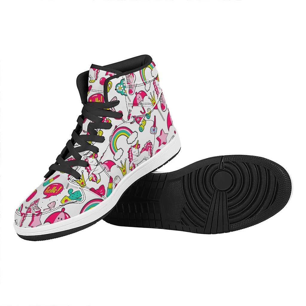 White Girly Unicorn Pattern Print High Top Leather Sneakers