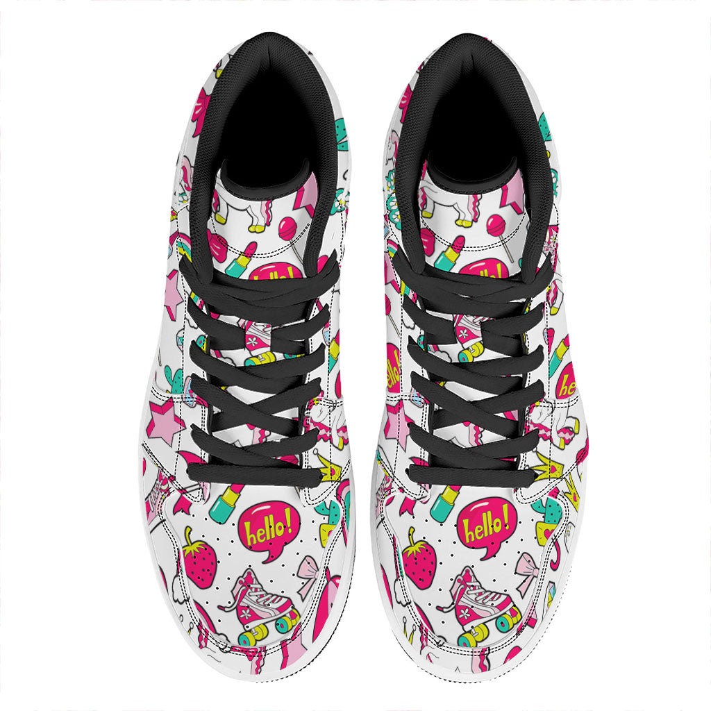 White Girly Unicorn Pattern Print High Top Leather Sneakers