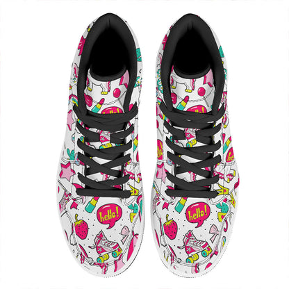 White Girly Unicorn Pattern Print High Top Leather Sneakers