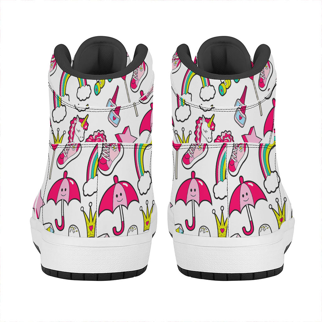 White Girly Unicorn Pattern Print High Top Leather Sneakers