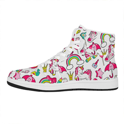 White Girly Unicorn Pattern Print High Top Leather Sneakers
