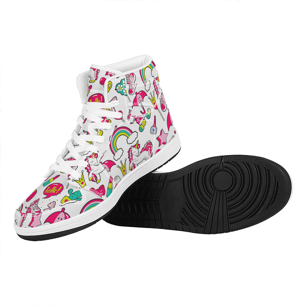 White Girly Unicorn Pattern Print High Top Leather Sneakers