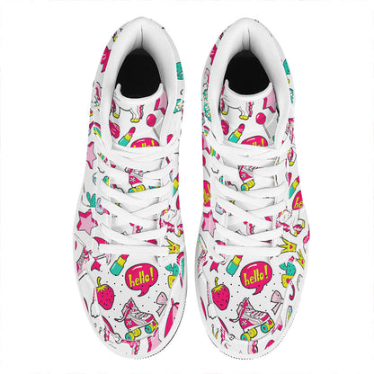 White Girly Unicorn Pattern Print High Top Leather Sneakers